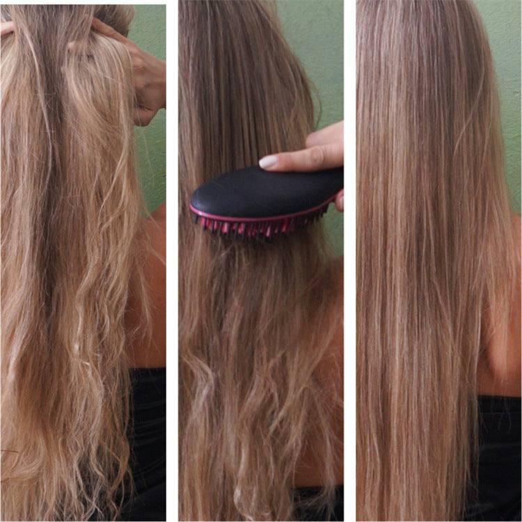 Imply Straight Electric Hair Comb showing before, during, and after hair smoothing results