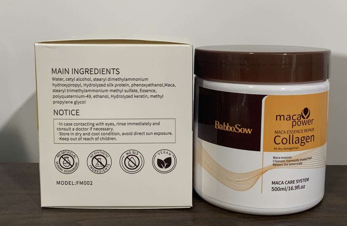 Intense Moisturizing Collagen Hair Mask jar and packaging showing main ingredients and product details