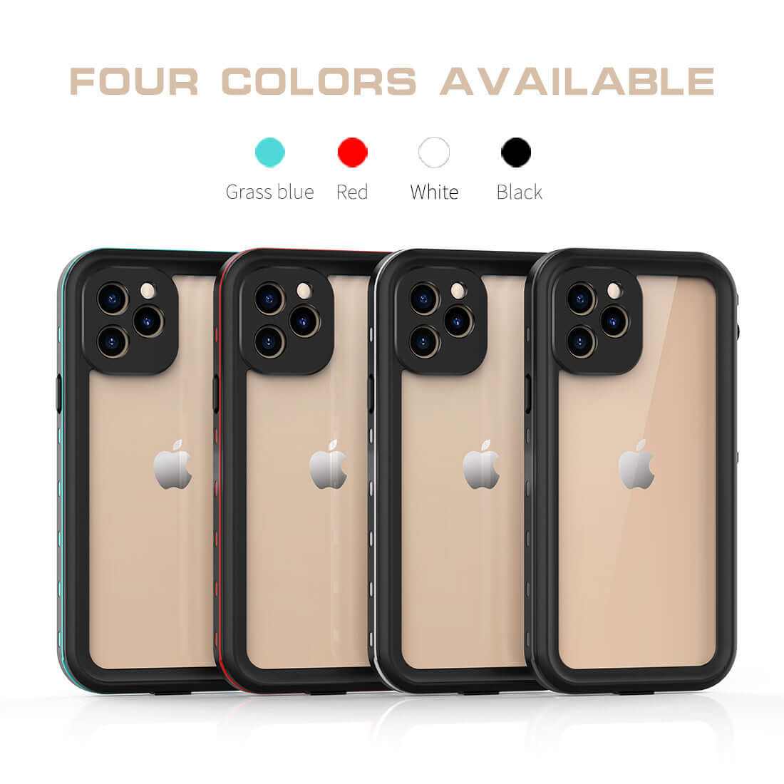 Four colors of IP68 waterproof cases for iPhone: grass blue, red, white, and black.