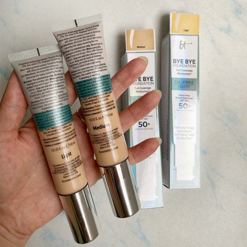 Matte oil-free liquid foundation tubes in light and medium shades with packaging boxes and SPF 50+ protection
