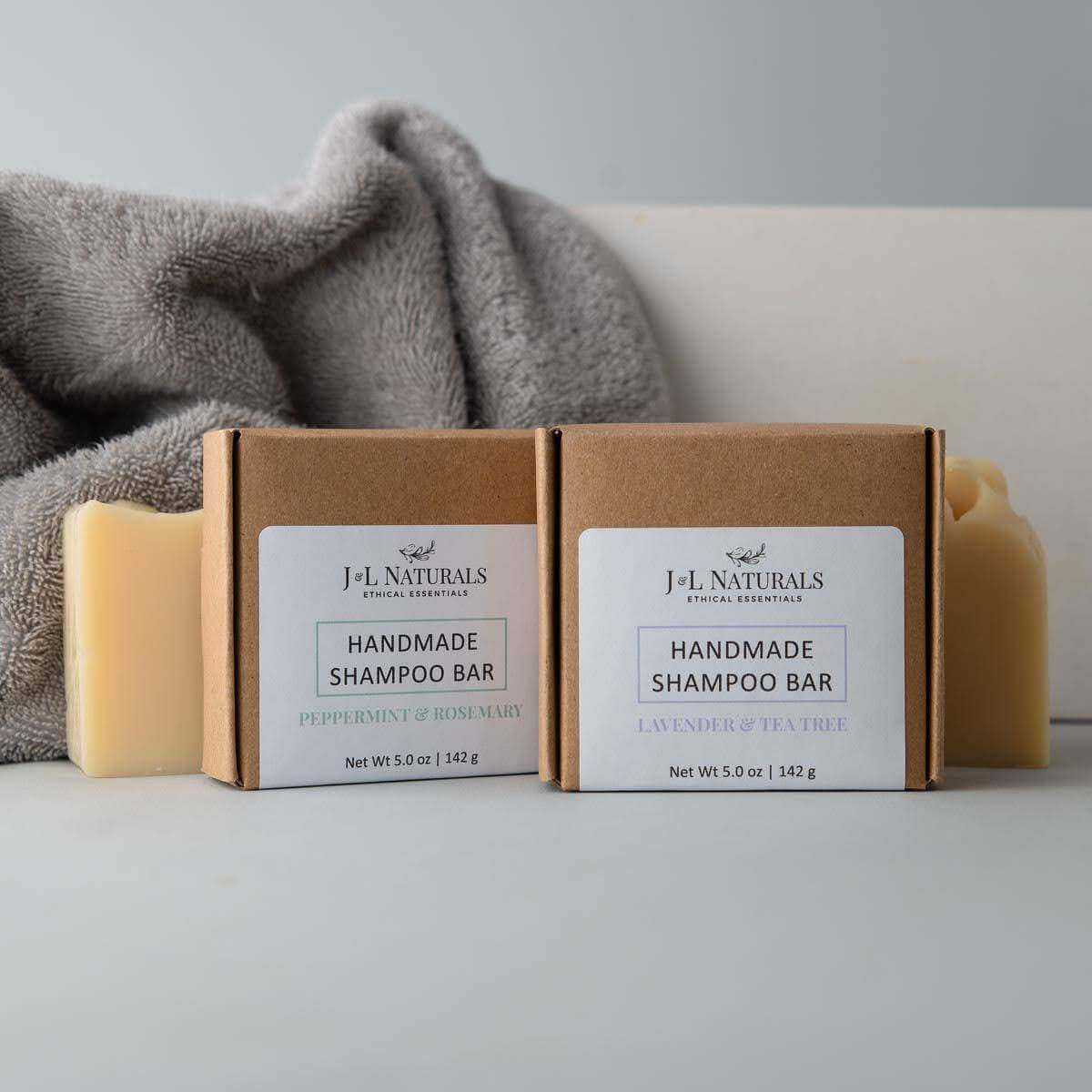 Men’s Natural Beard Shampoo duo set with handmade peppermint rosemary and lavender tea tree bars for soft, clean, nourished beards