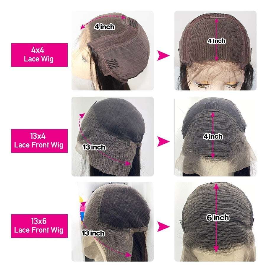 Real human hair wig with 4x4, 13x4, and 13x6 lace front options showing lace measurements