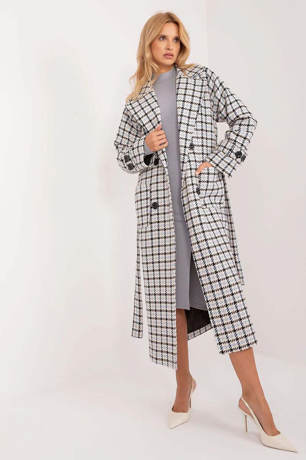 Lakerta Classic Double Breasted Coat in check pattern, perfect for casual daily wear and versatile styling.