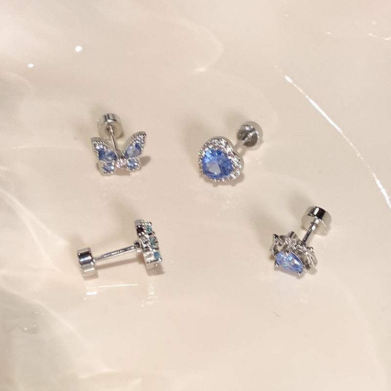 Light luxury minority high-grade zircon butterfly and heart stud earrings with blue stones
