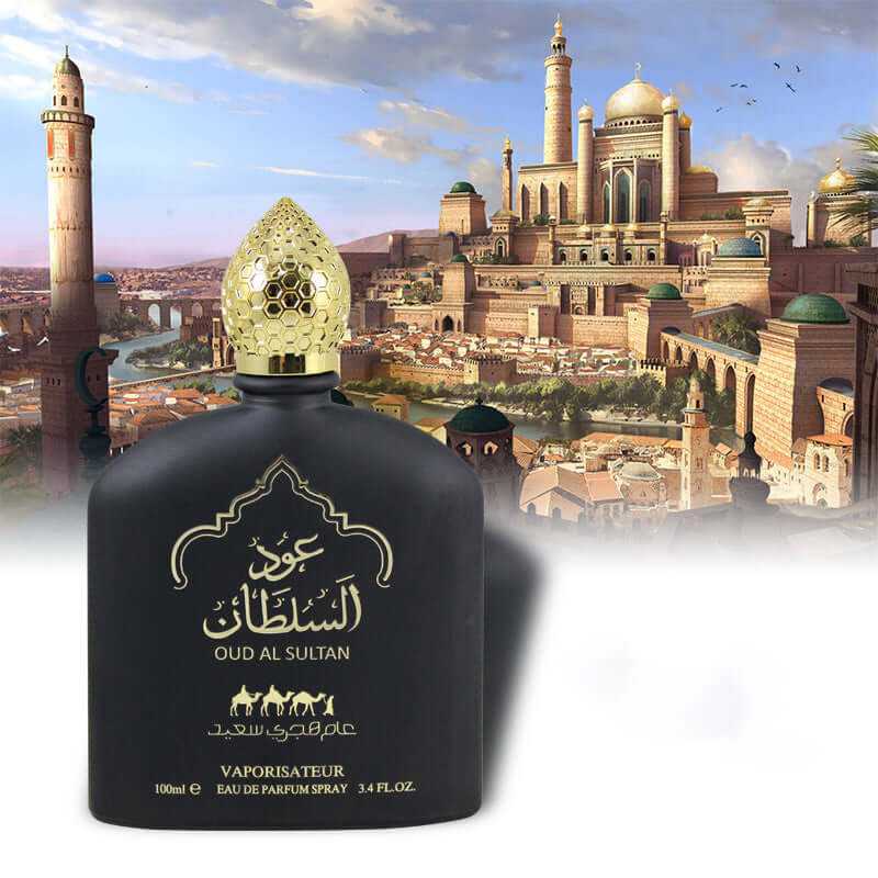 black oud al sultan perfume bottle with golden cap in front of Middle Eastern cityscape background