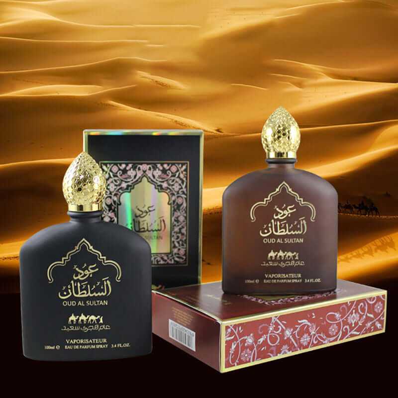 Elegant Oud Al Sultan long-lasting Middle Eastern perfumes with gold caps against desert background
