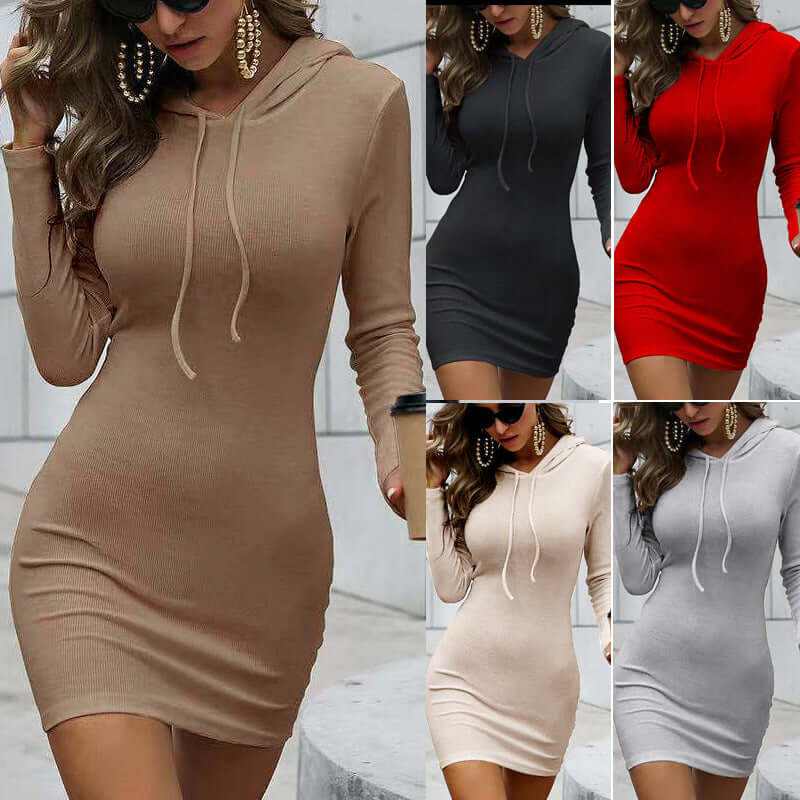 Long sleeve hooded dresses for women in beige, grey, black, red, and apricot shades, showcasing stylish designs.