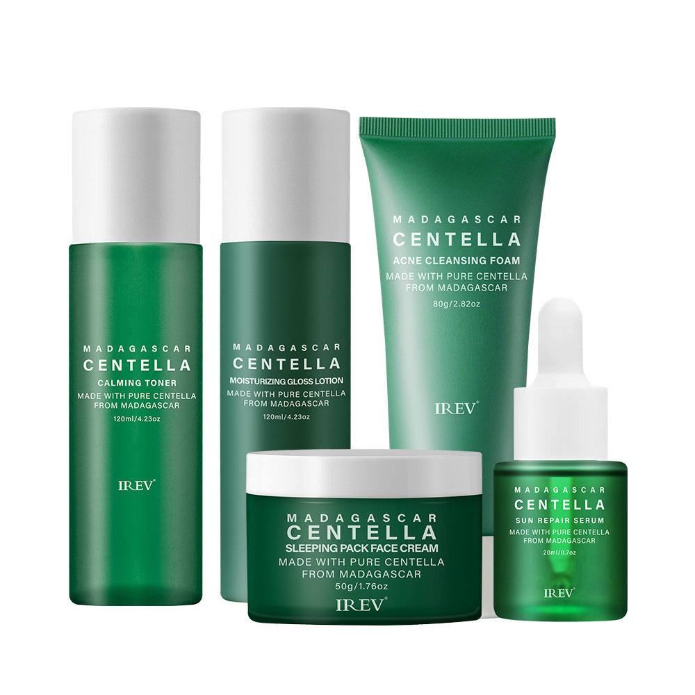 Snow Grass Skincare Set with Madagascar Centella toner, lotion, cleansing foam, sleeping face cream, and skin repair serum