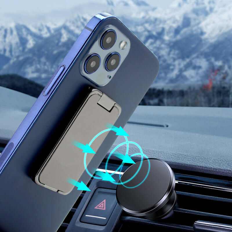 Foldable mobile phone holder displayed on a smartphone, showcasing adjustable viewing angles in a scenic mountain backdrop.