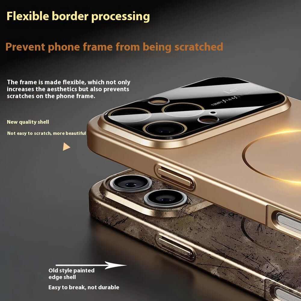 Close-up of a magnetic drop-resistant phone case showcasing flexible border processing to prevent scratches.