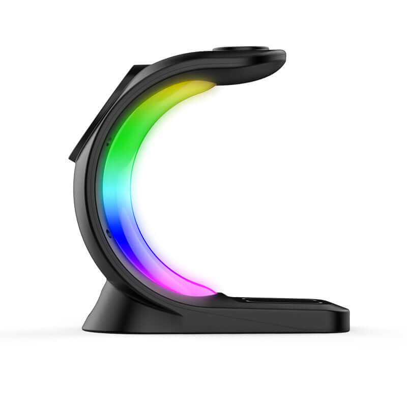 Black magnetic wireless charger with RGB lighting effect, designed for fast charging and minimal desk setup.