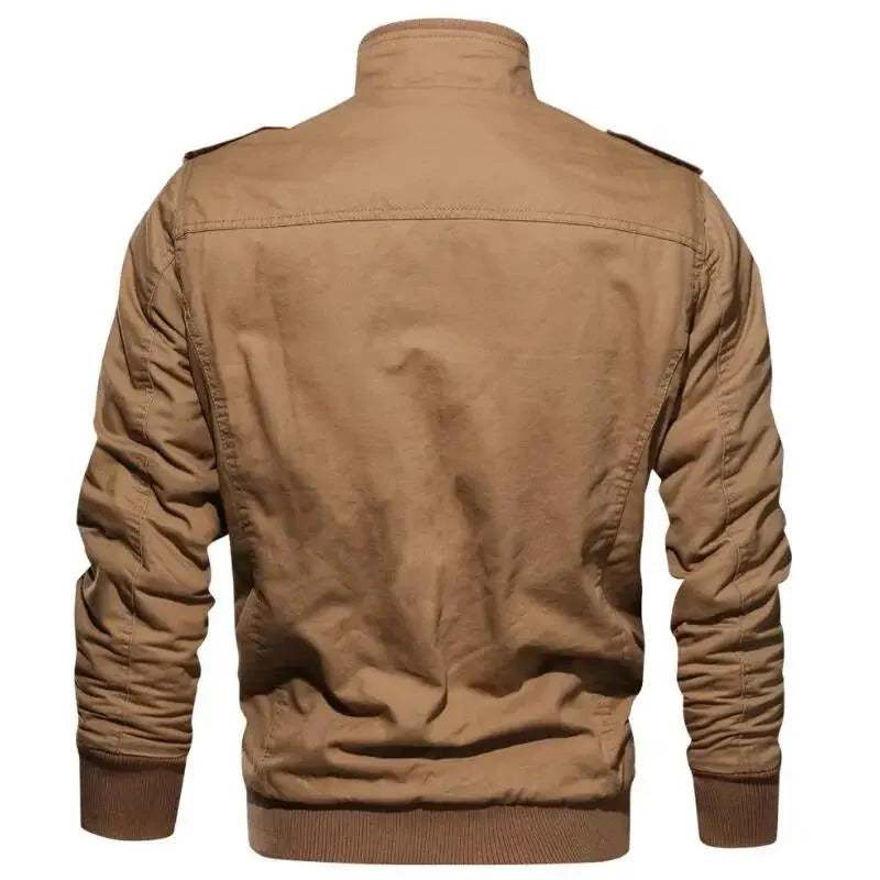 Back view of men's brown cargo jacket with ribbed cuffs and high collar