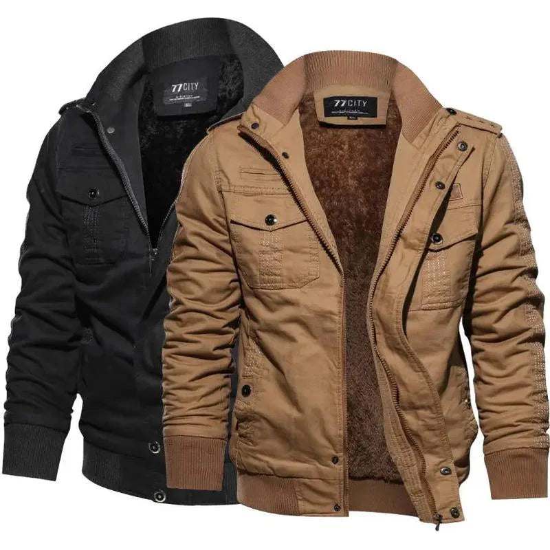 Men's warm black cargo jacket with multiple pockets and fleece lining for winter warmth and rugged style