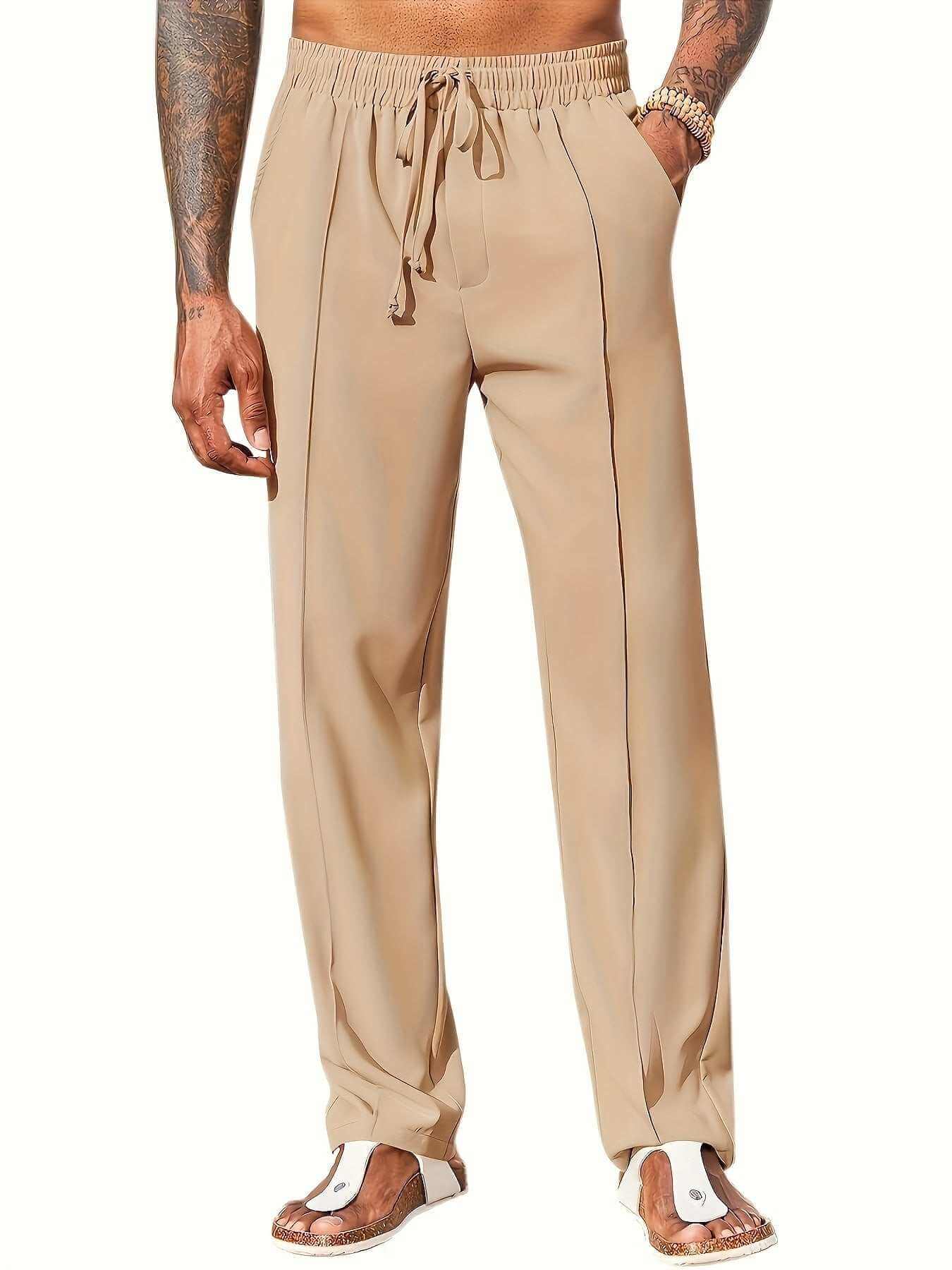 men's trendy casual beige pants with drawstring waist and slim fit design