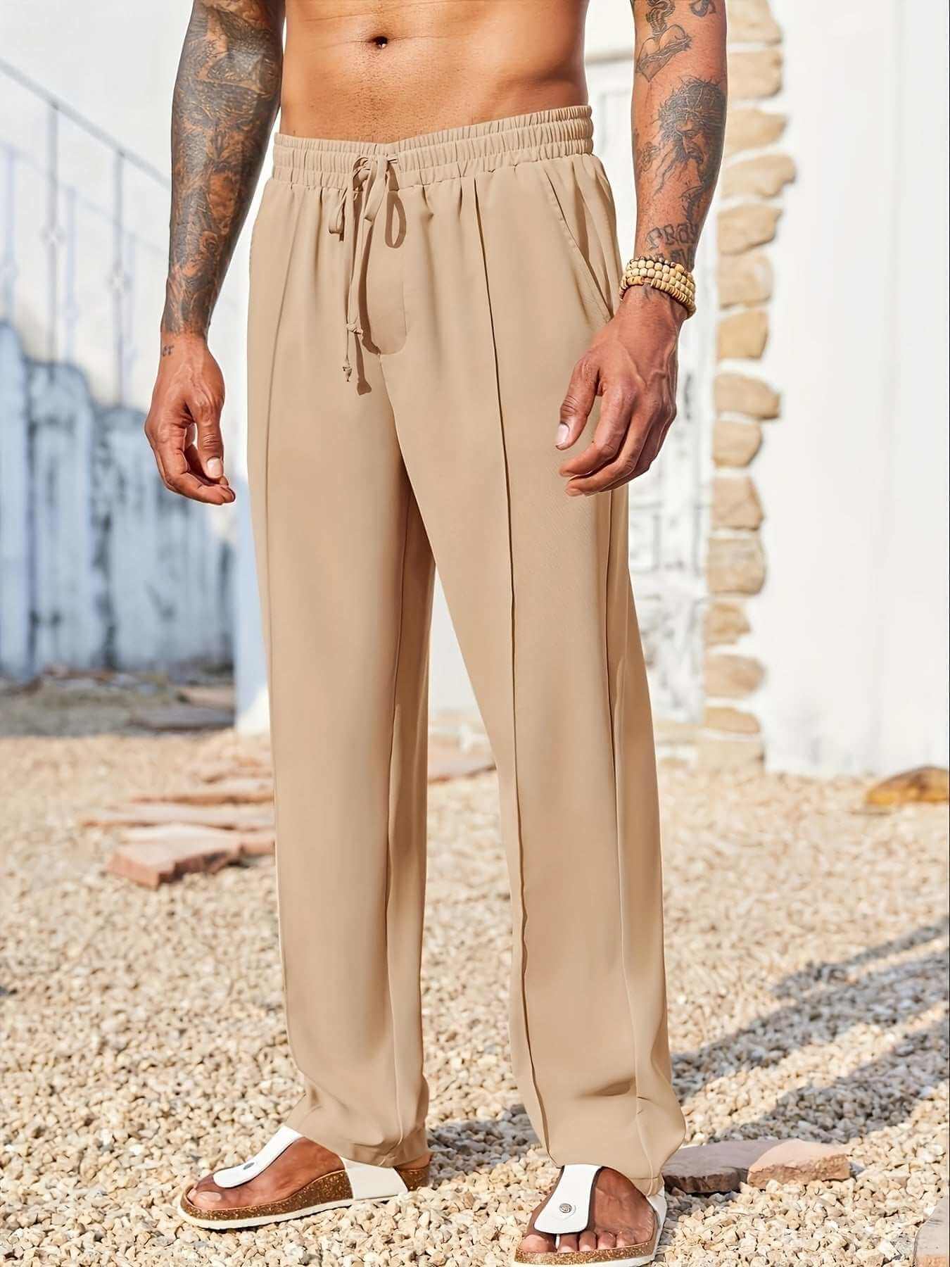 men's trendy casual beige drawstring pants with relaxed fit and elastic waistband