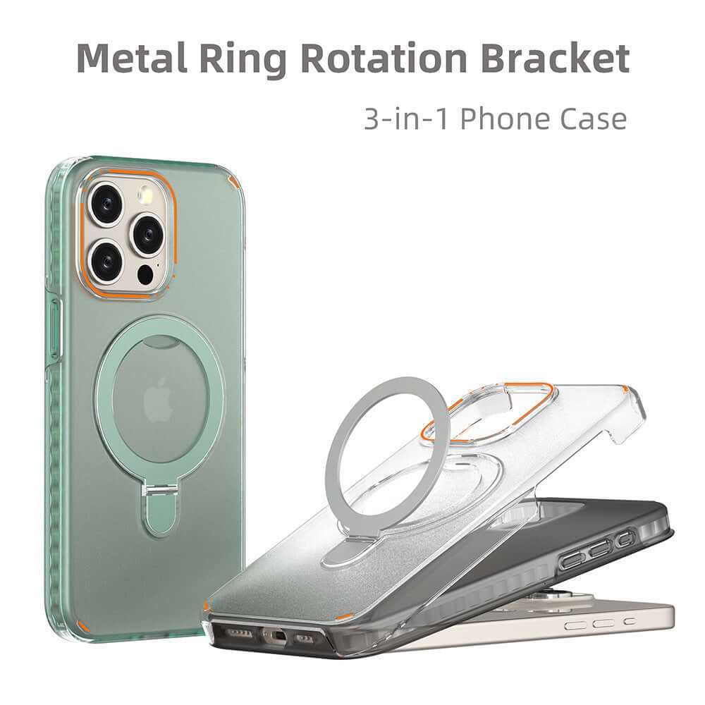 Clear 3-in-1 phone case with metal ring rotation bracket, showcasing flexible design and wireless charging compatibility.