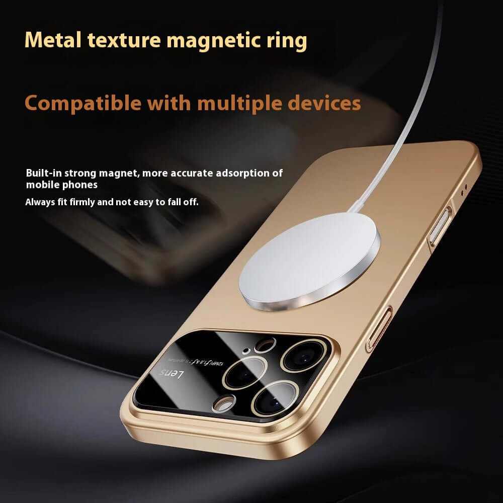 Metal texture magnetic ring on gold phone, designed for secure attachment with multiple devices.