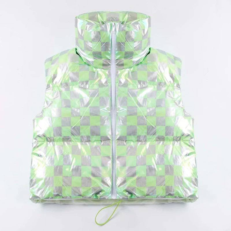 Metallic puffer vest in green and silver checkered pattern, cropped design with mock neck, 100% polyester.