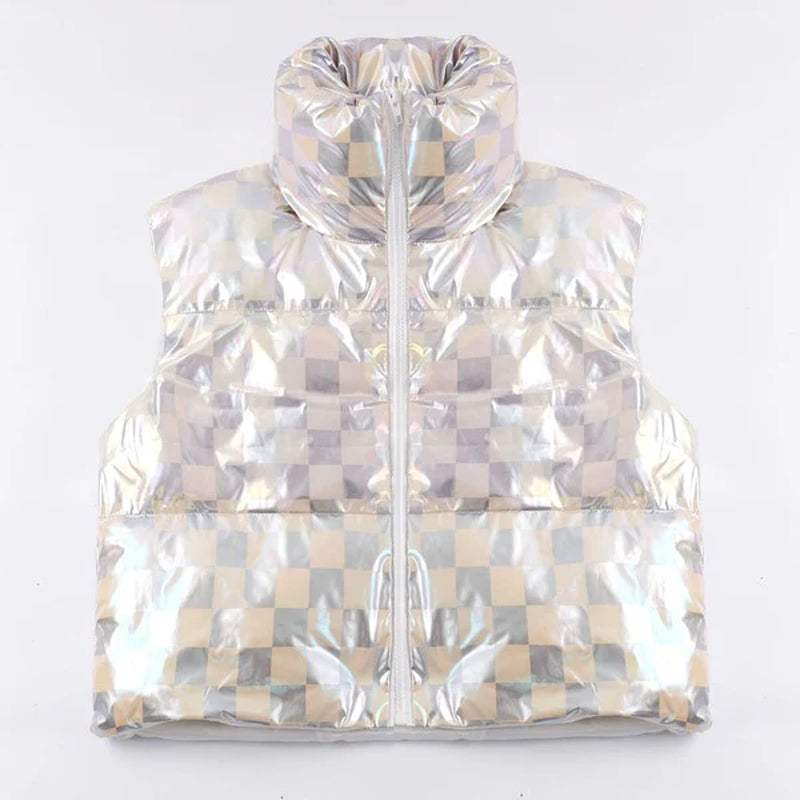 Metallic puffer vest with a mock neck and cropped design, showcasing an exclusive in-house checkerboard pattern.