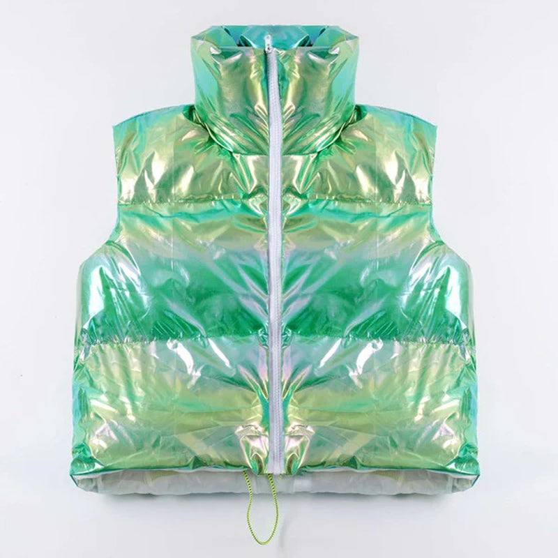 Metallic puffer vest with mock neck and cropped design, showcasing a stunning metallic shine in green hues.