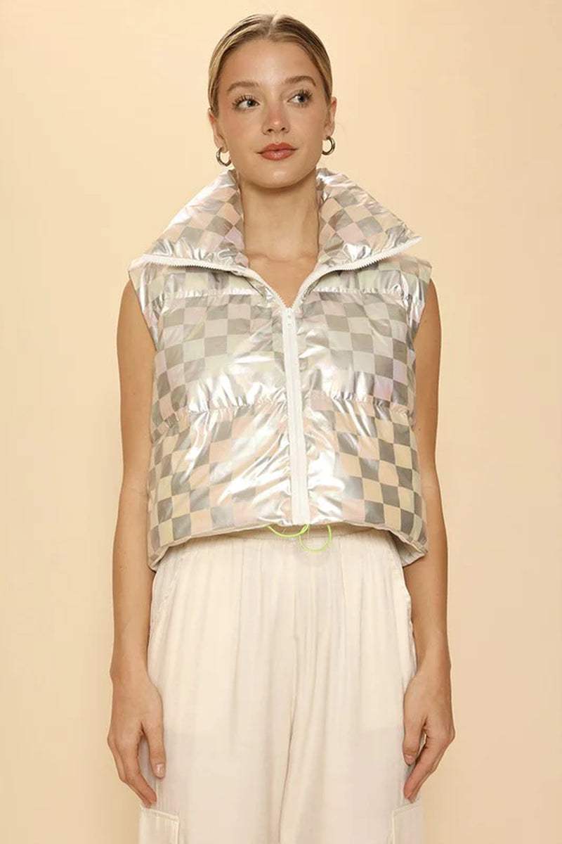 Metallic puffer vest with mock neck and cropped design, featuring a checkered pattern, ideal for stylish layering.