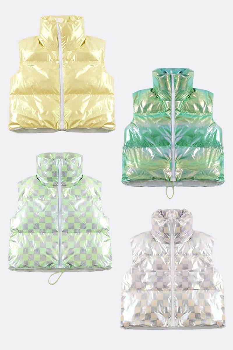 Metallic puffer vests in yellow, green, and checkered designs, featuring a mock neck and cropped style, exclusive in-house design.