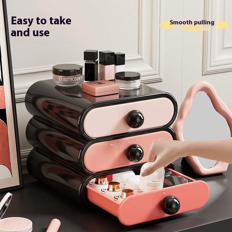 Multi-layer household beauty storage cabinet with smooth pulling drawers in black and pink colors for organizing cosmetics