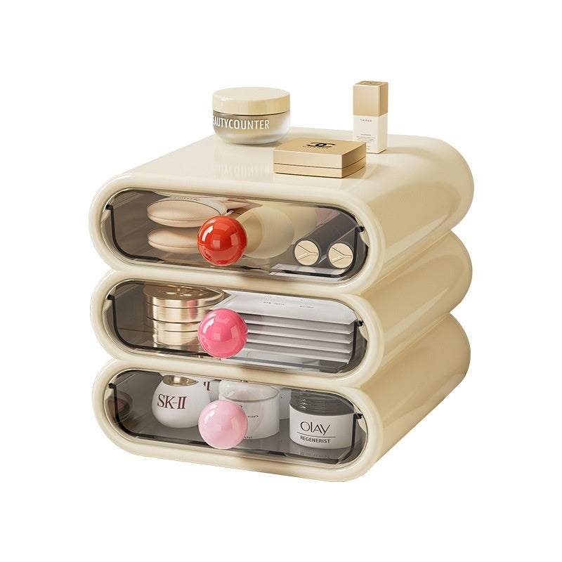 Cream white multi-layer household beauty storage cabinet with plastic drawers and colorful knobs