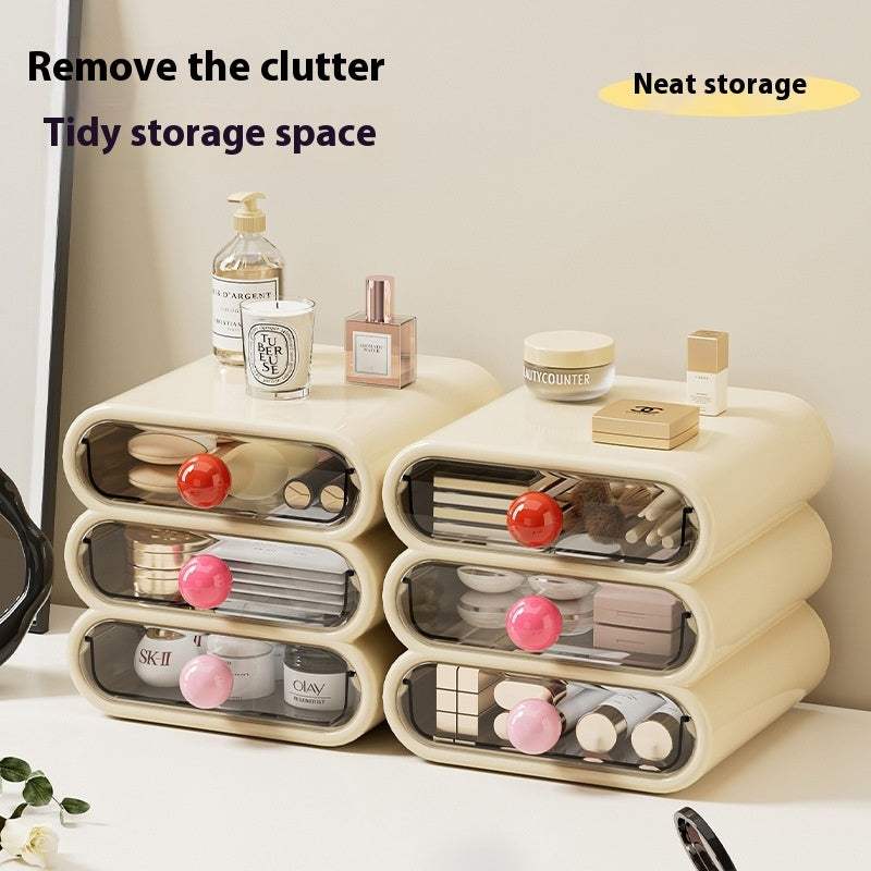 Multi-layer household beauty storage cabinet with cream white drawers and colorful knobs for tidy makeup organization