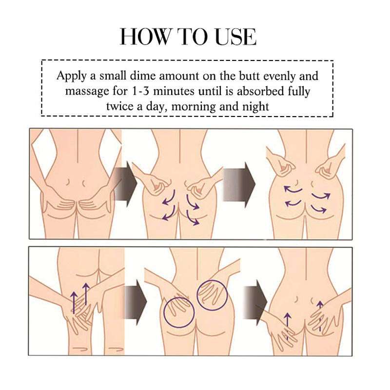Illustration showing how to apply Natural Booty Enhancement Cream with massage directions on buttocks and thighs