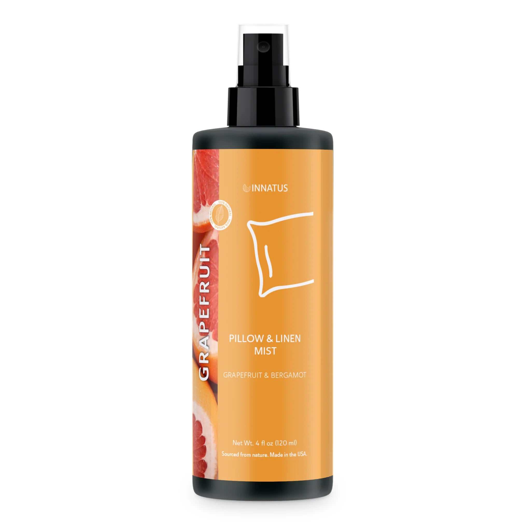 Natural Grapefruit Pillow and Linen Mist bottle with essential oils for relaxation, 4 oz spray.