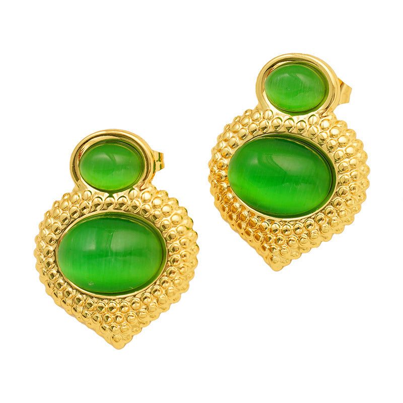 Opal stainless steel gold plated women's stud earrings with green oval stones and geometric design