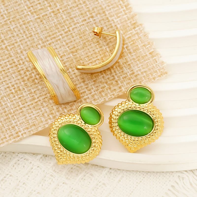 Gold plated opal stainless steel women's stud earrings with green oval and round shapes
