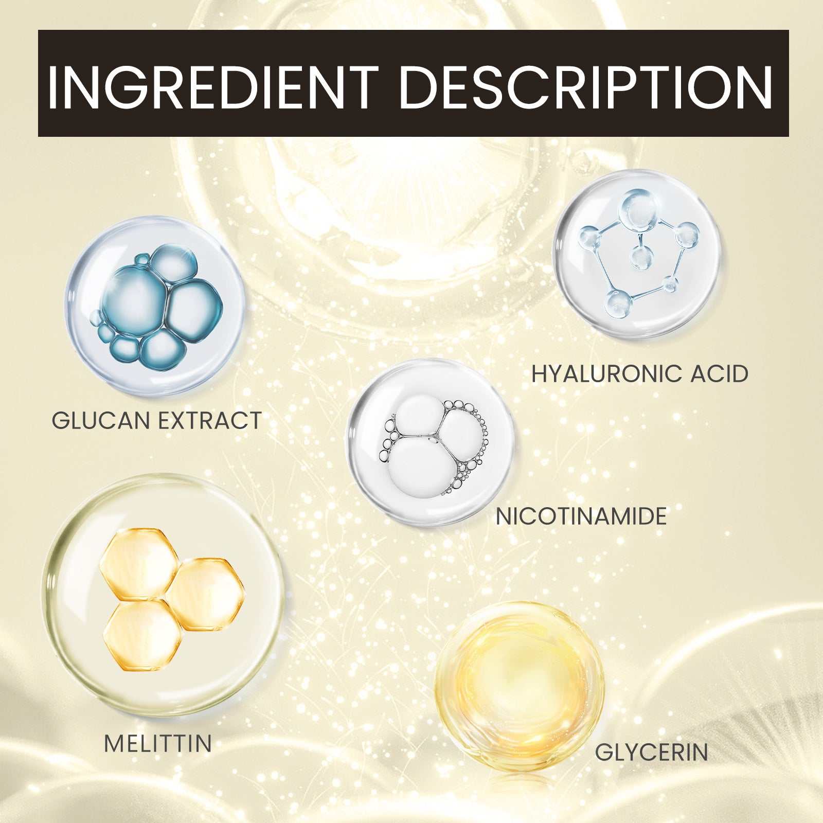 OUHOE Facial Anti Wrinkle Skincare ingredients including Glucan Extract, Hyaluronic Acid, Nicotinamide, Melittin, and Glycerin