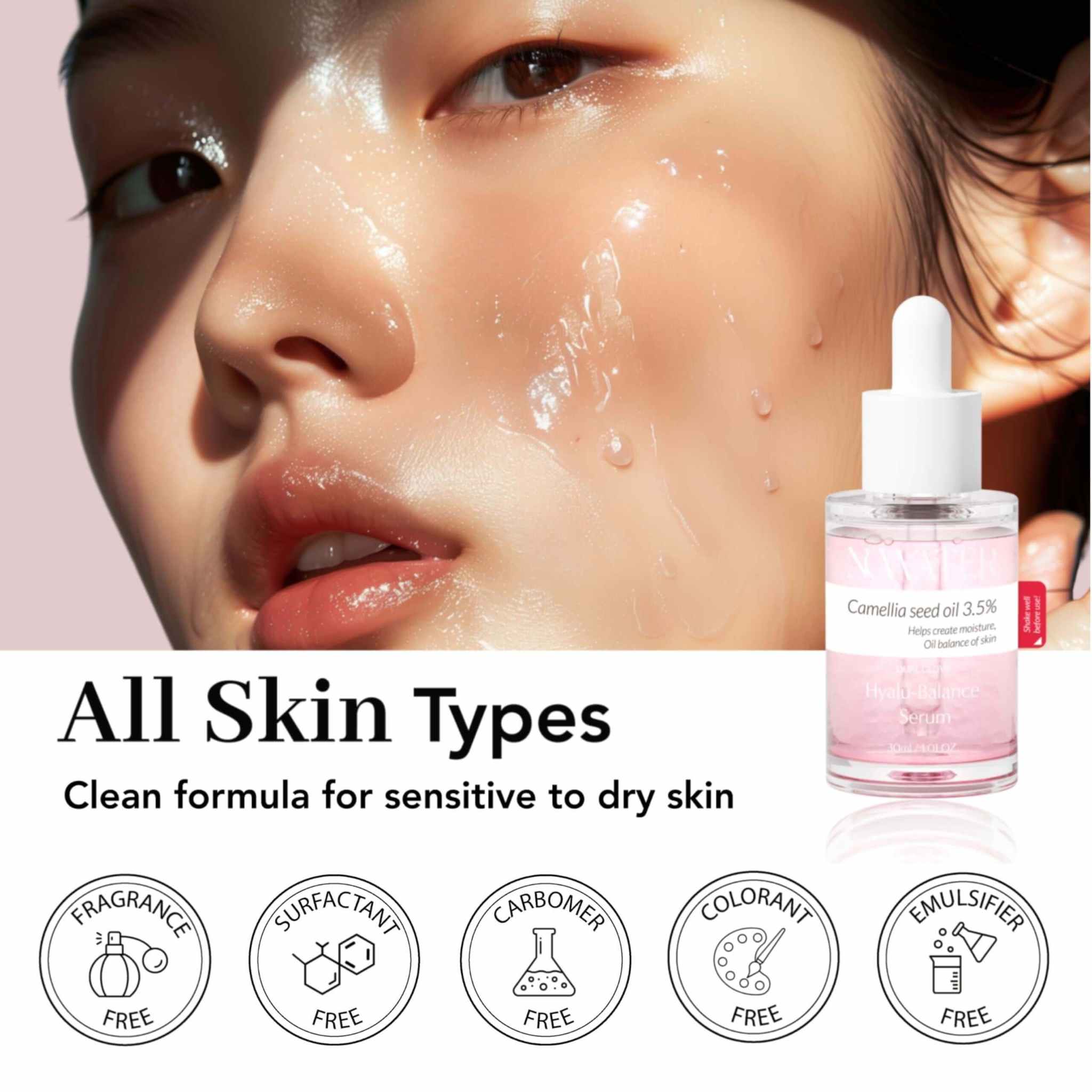 Model showcasing Perfect Balance Dual Glow Serum with clean, hydrating formula for all skin types and sensitive skin safe.