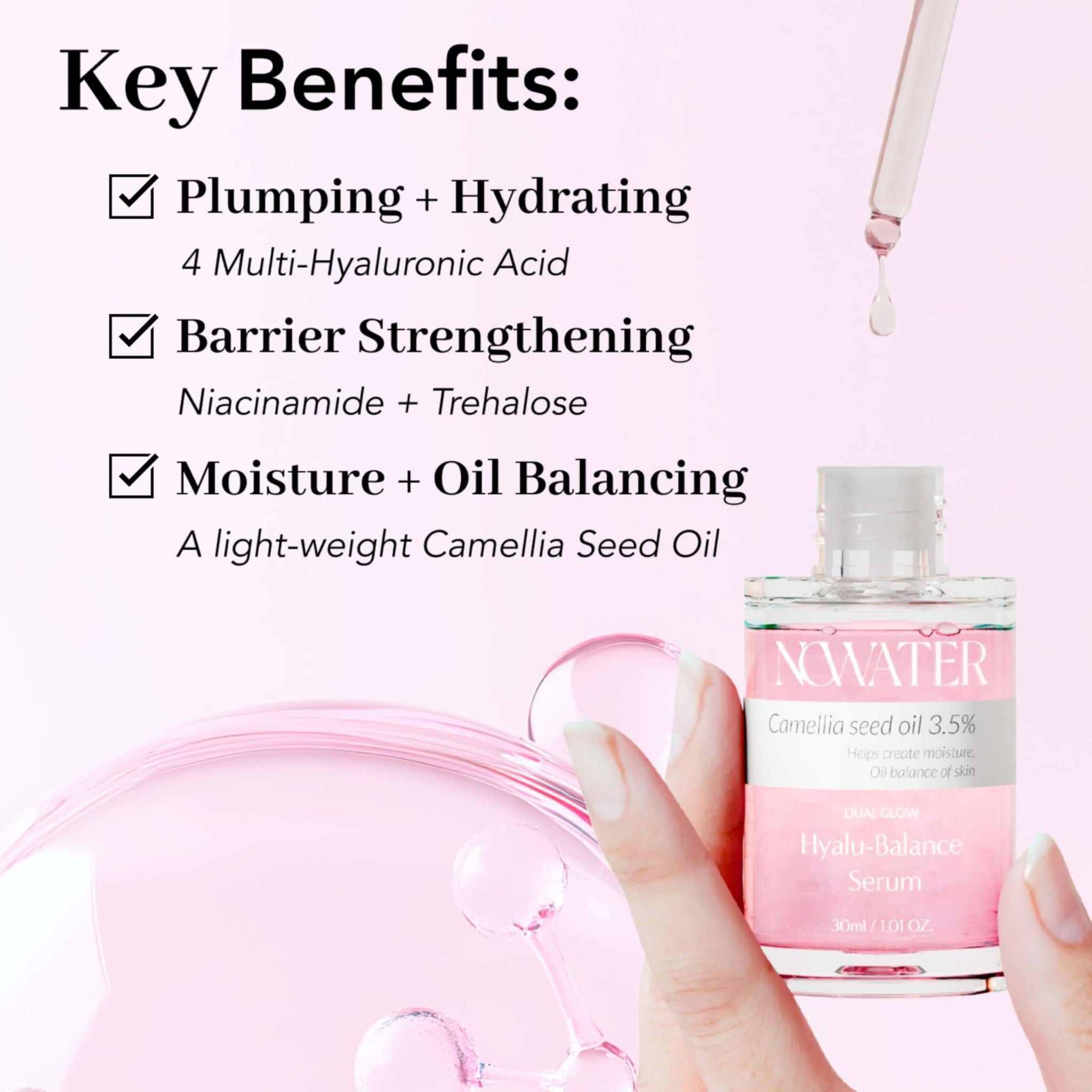 Key benefits of Perfect Balance Dual Glow Hyaluronic Serum: plumping, hydrating, barrier strengthening with niacinamide, and moisture balancing.