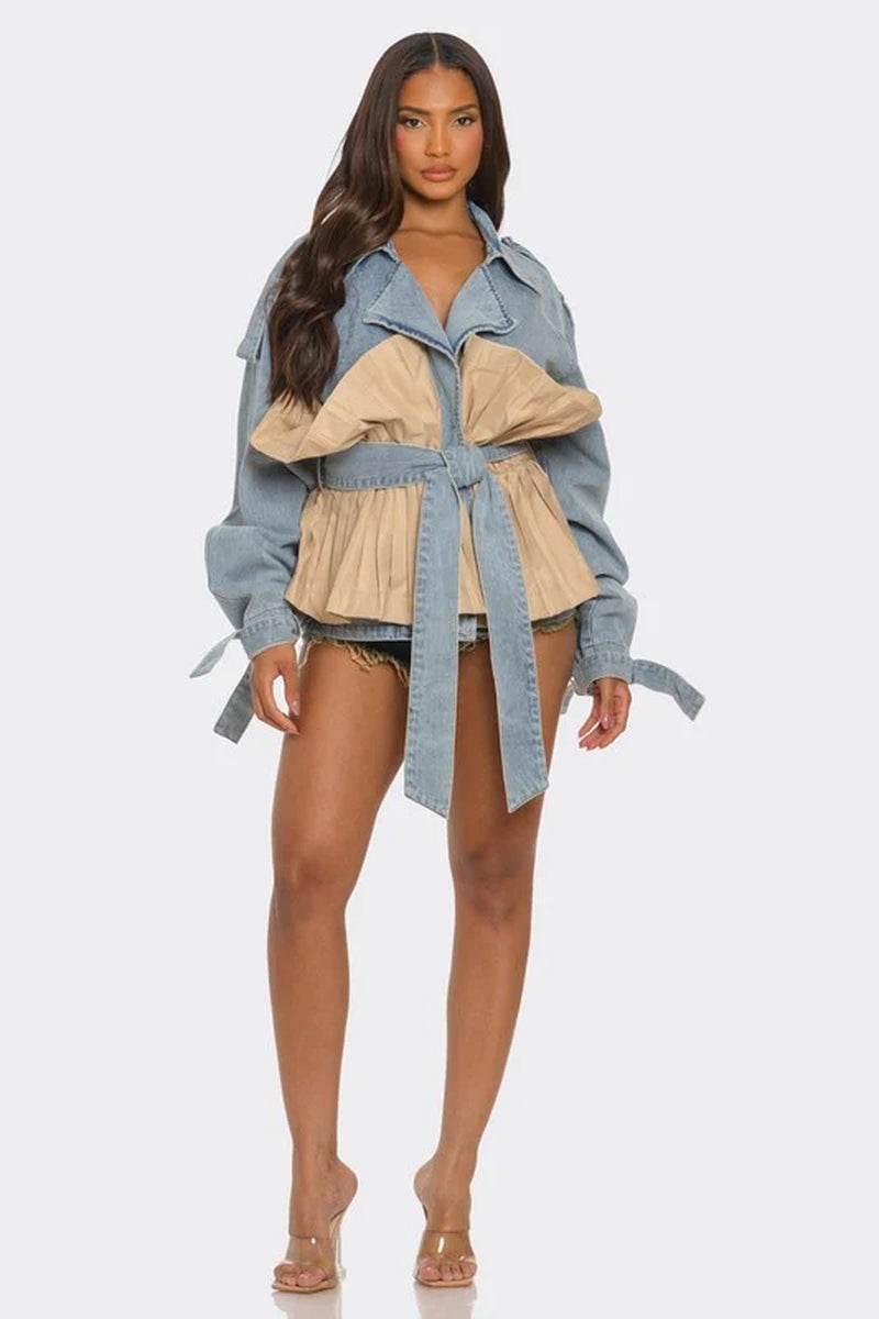 Pleated contrast denim jacket with beige panel and belt, featuring oversized fit for a trendy casual look.