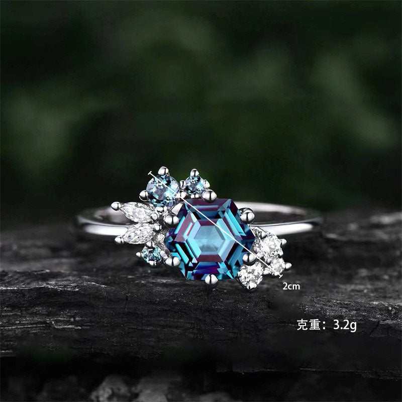Prismatic Brilliance Six-Claw Zircon Ring with geometric blue zircon and silver zinc alloy band for women