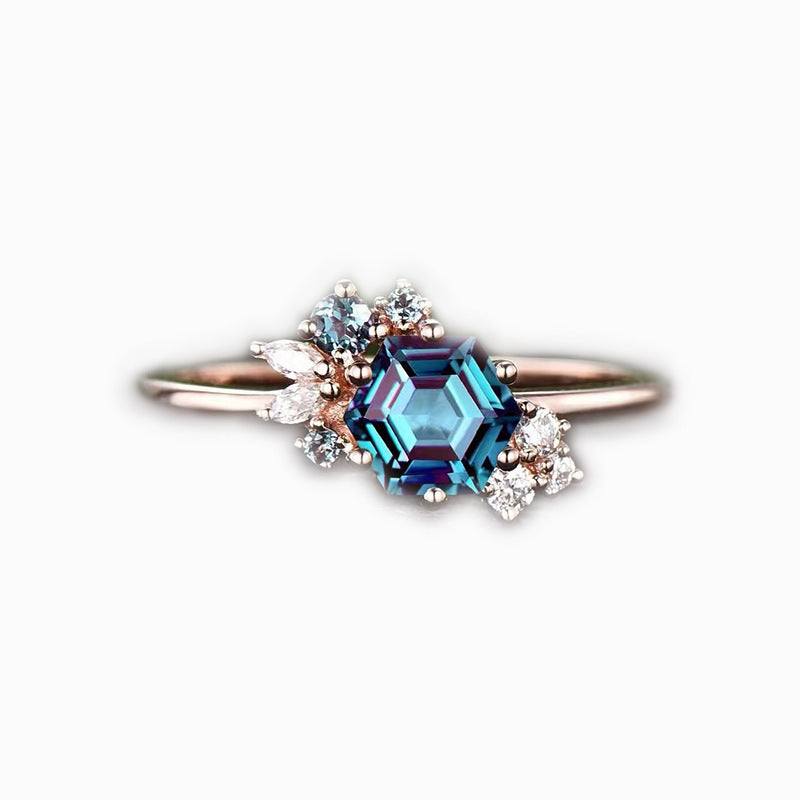 Prismatic Brilliance Six-Claw Zircon Ring with geometric blue zircon and silver band for women
