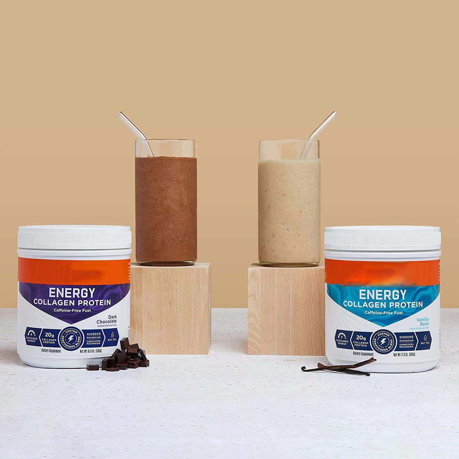Protein chocolate collagen supplement with two smoothies, one chocolate and one vanilla, on wooden blocks.
