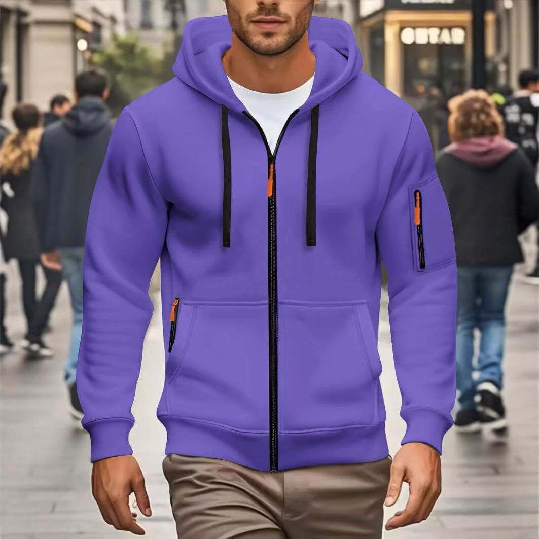 men's hooded sweatshirt cardigan in purple with front zipper and pockets on model walking outdoors