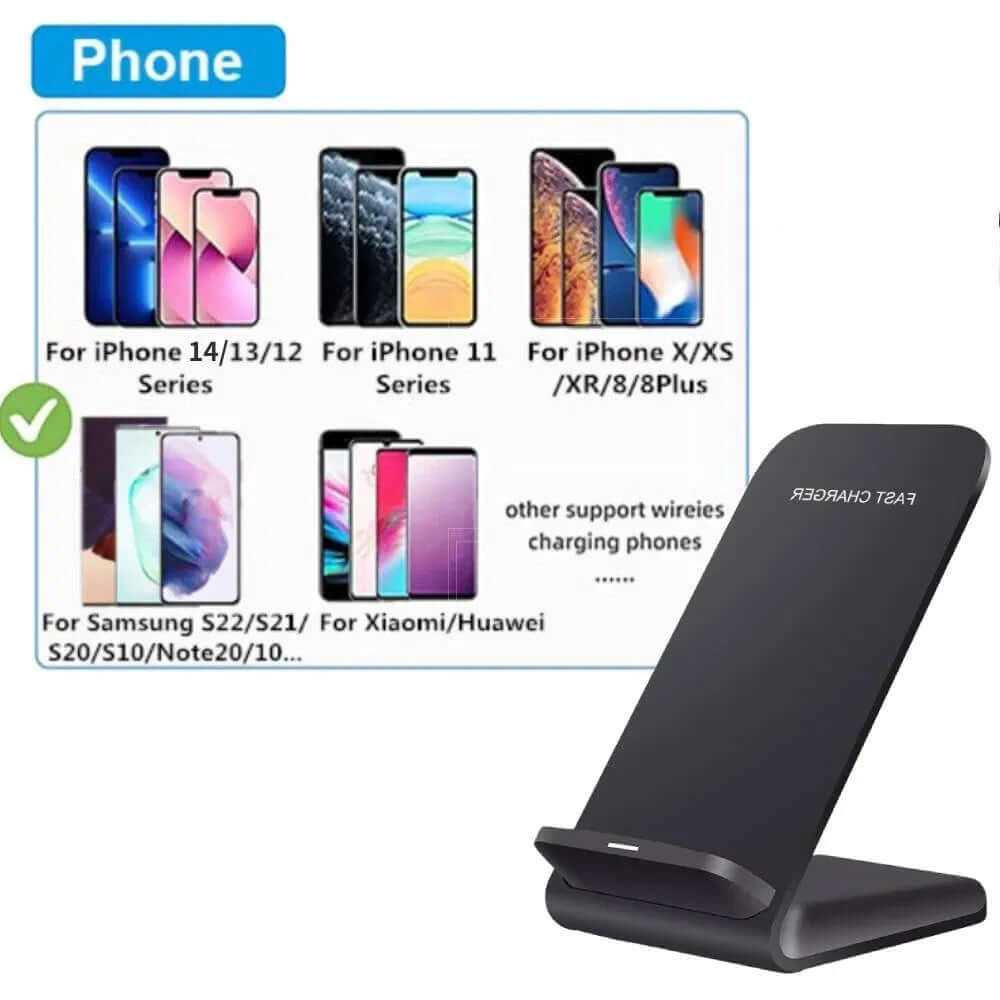 Qi wireless fast charger pad stand compatible with iPhone and Samsung Galaxy models for convenient charging.