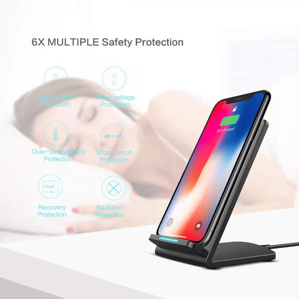 Qi wireless fast charger pad with safety features displayed, ideal for Galaxy phones, ensuring protection while charging.