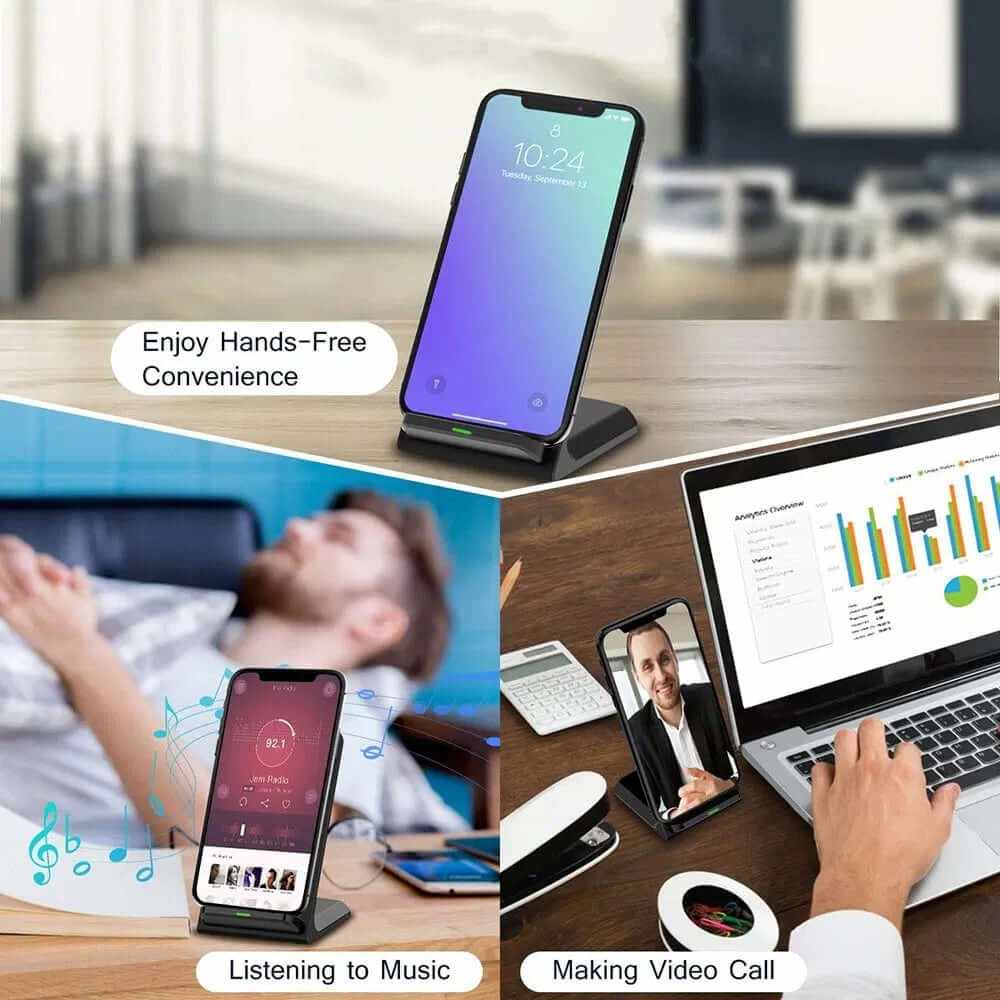 Qi wireless fast charger stand dock showcasing hands-free phone use for video calls and music listening.
