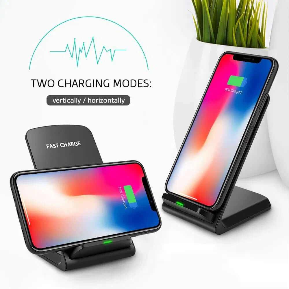 Qi wireless fast charger pad with two charging modes for Galaxy phones, ready for vertical and horizontal use.
