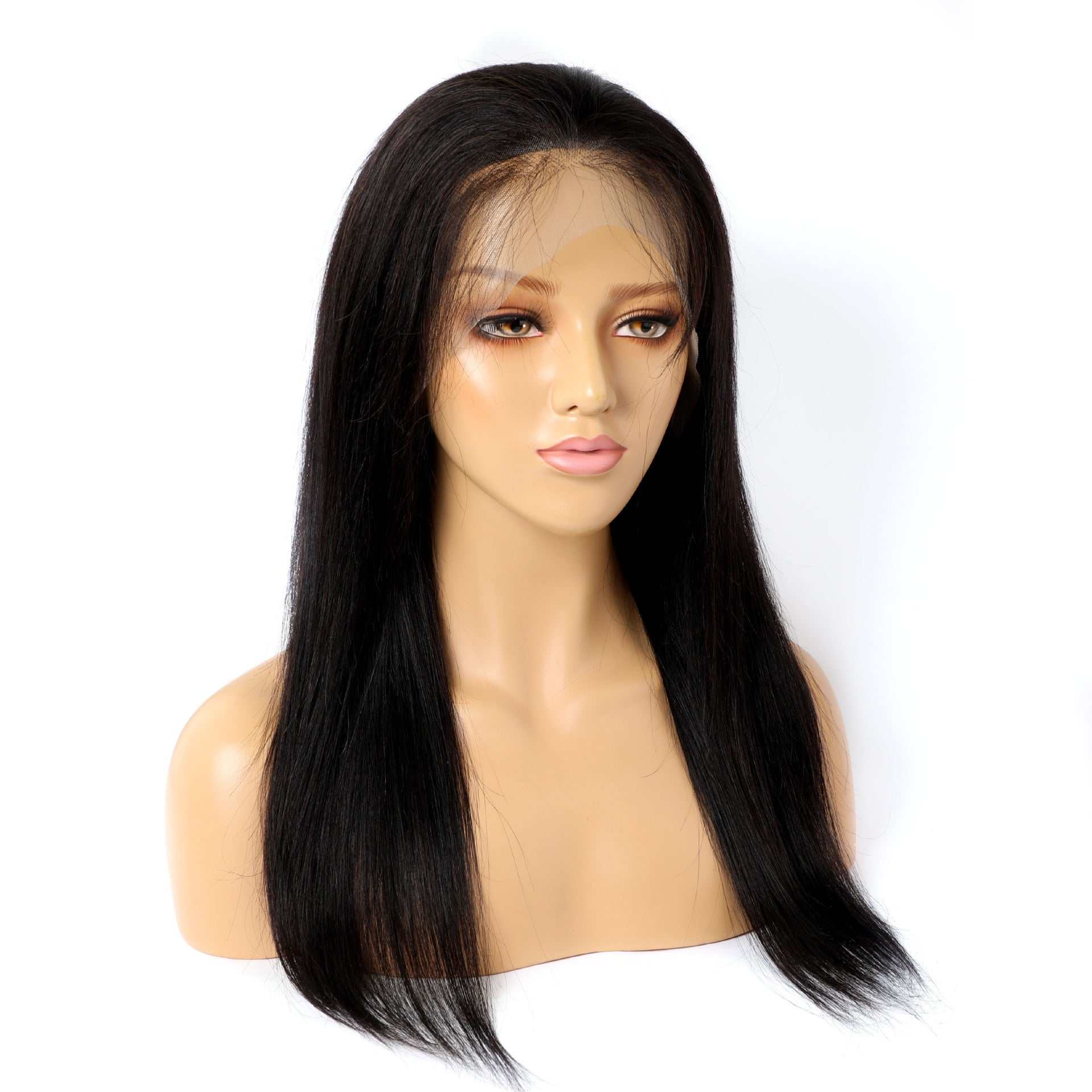 Real human hair wig lace front with straight black hair on mannequin head