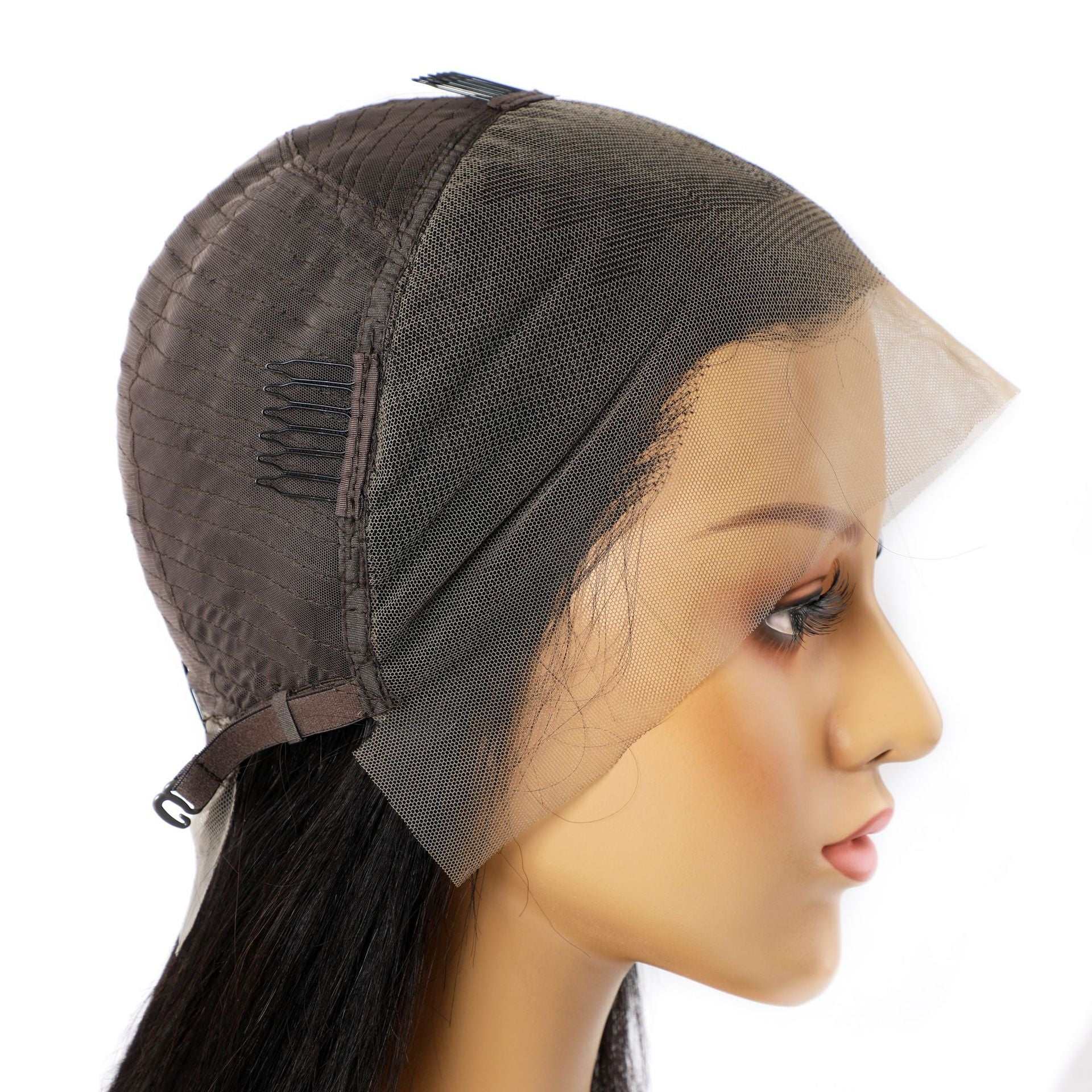Real human hair wig with lace front, black straight hair, hand-woven quality