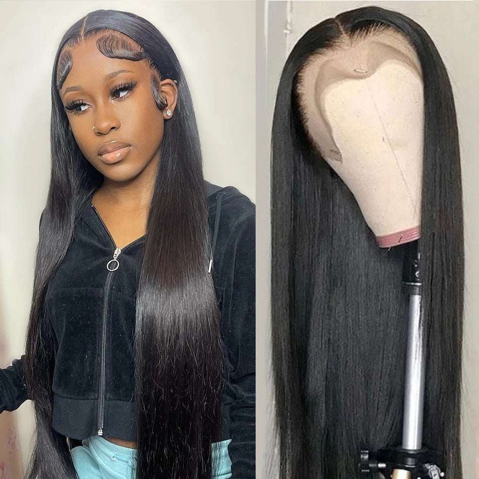 Real human hair wig lace front straight black 30-inch length natural style