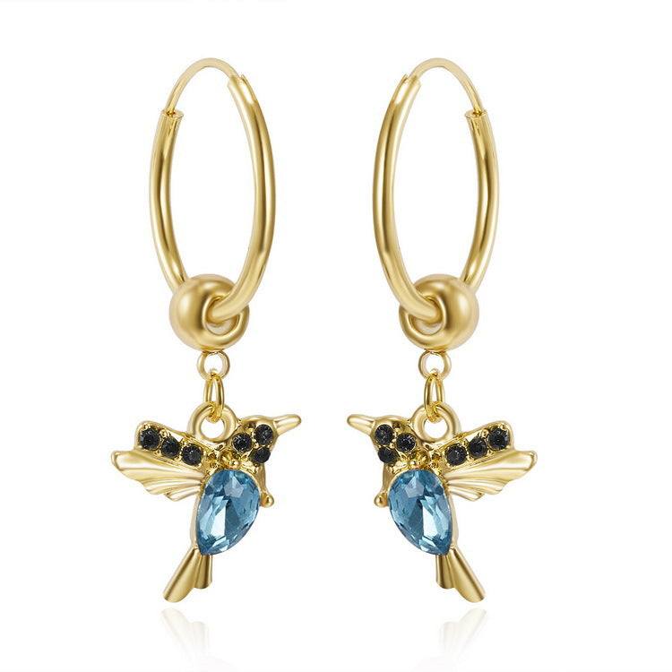 Gold hoop earrings with red and blue hummingbird charms for women