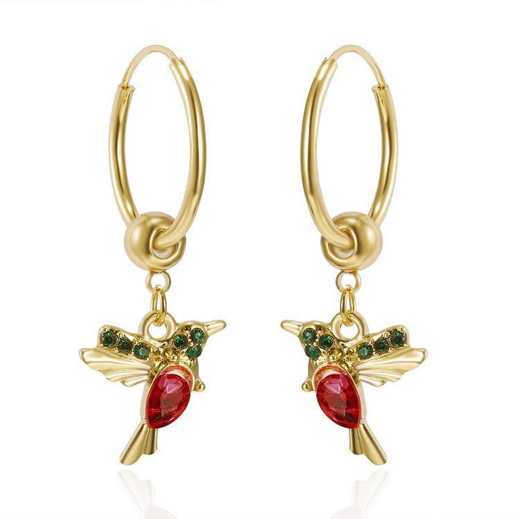 Gold hoop earrings with red and blue hummingbird charms for women